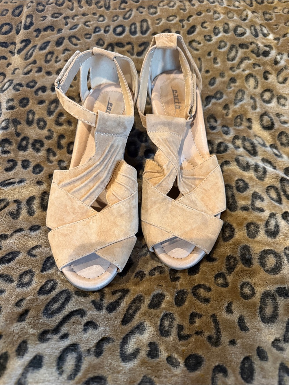 Earth Beige Suede Crisscross Wedge Sandals
